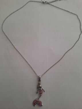 Silver Tone Pink Rhinestone Mermaid Adjustable Necklace 18-19.75" NWOT